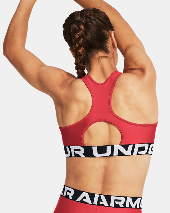 Women's HeatGear® Armour Mid Branded Sports Bra, Red, pdpMainDesktop image number 1